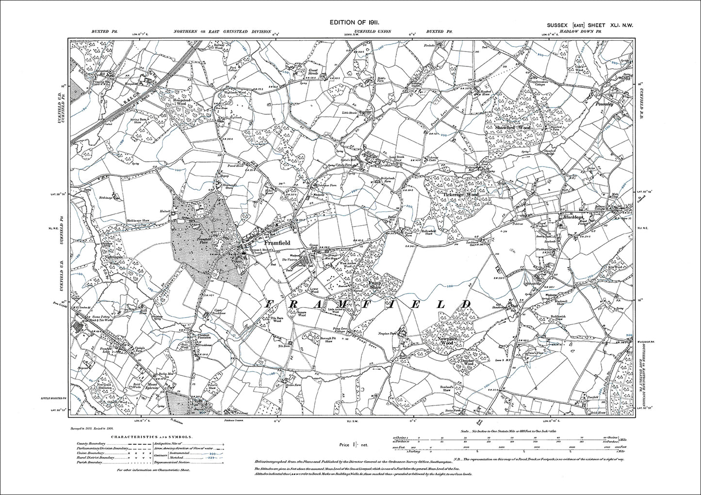 Framfield, Blackboys, Pounsley, old map Sussex 1911: 41NW