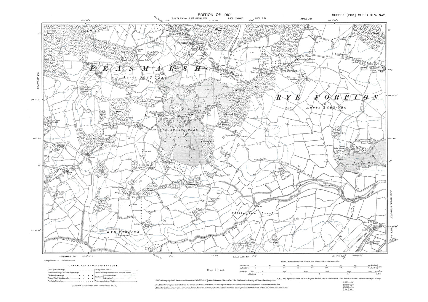 Rye Foreign, Peasmarsh, old map Sussex 1910: 45NW