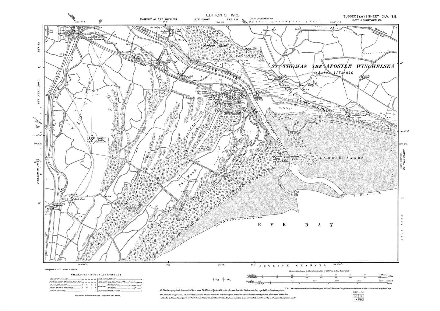 Rye Harbour, Camber Sands, Camber Castle, old map Sussex 1910: 45SE