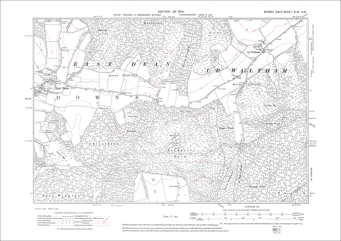 East Dean, Up Waltham, Selhurst Park, old map Sussex 1914: 49NW