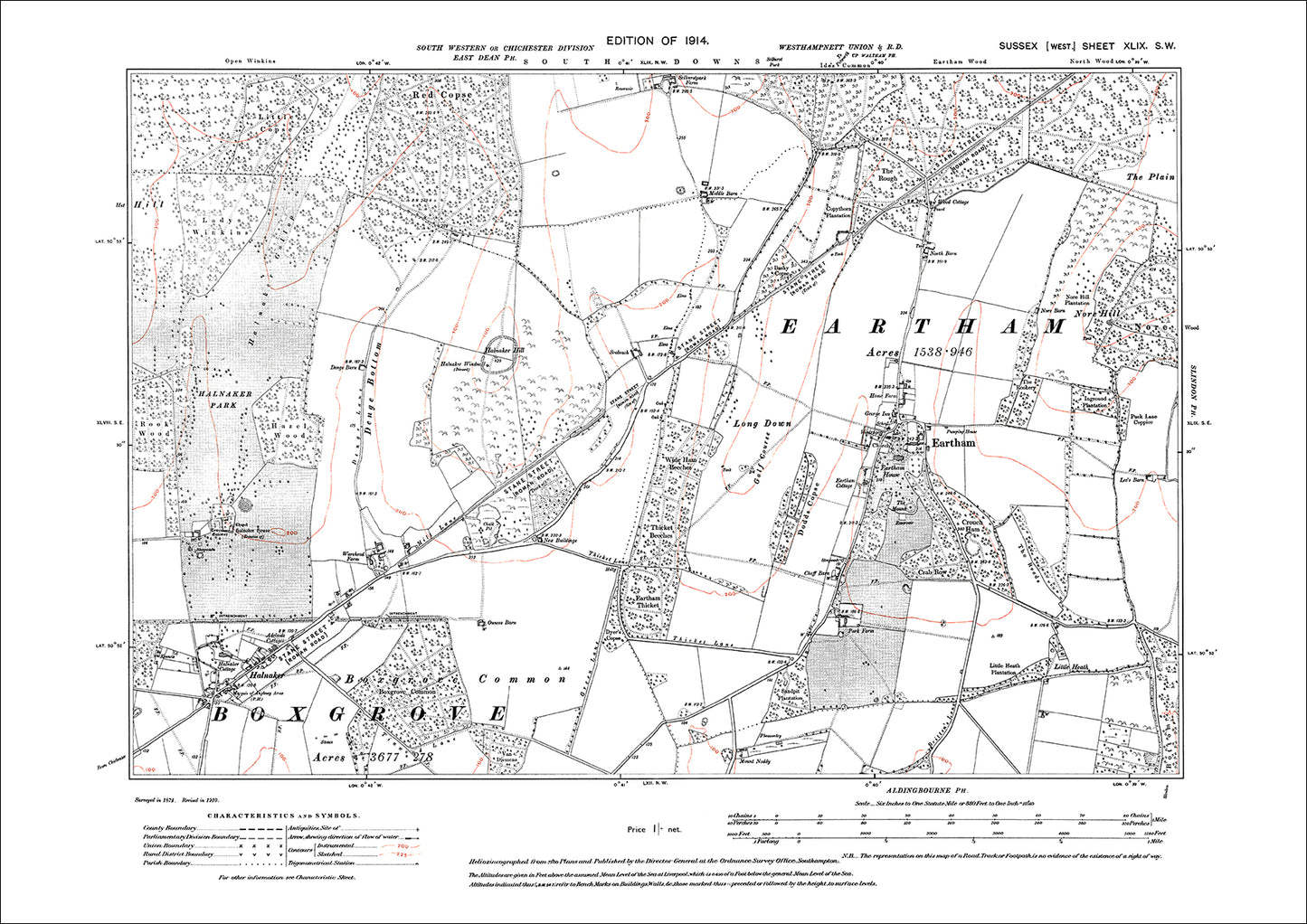 Eartham, Halnaker, old map Sussex 1914: 49SW