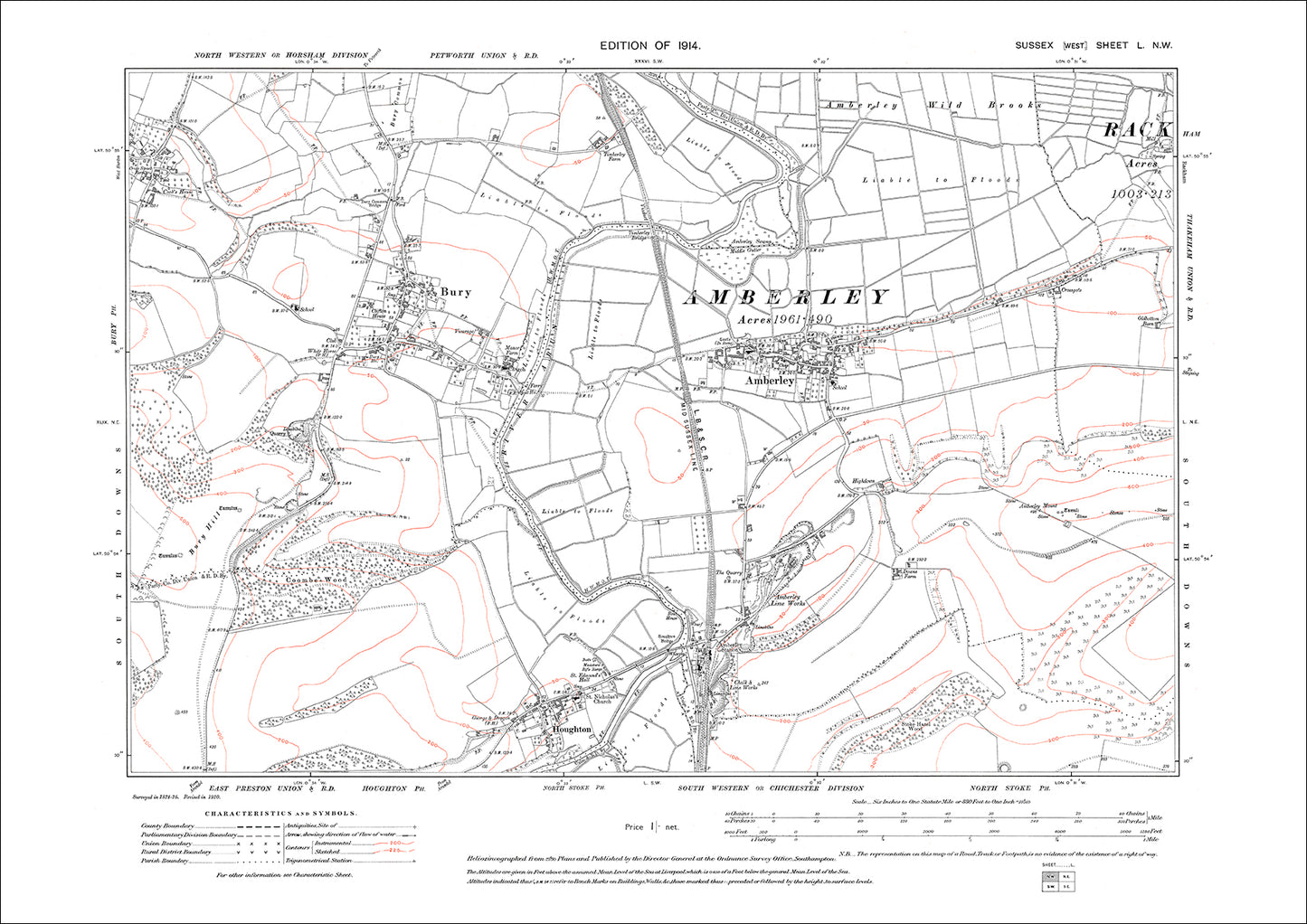 Amberley, Bury, Houghton, West Burton (east), old map Sussex 1914: 50NW