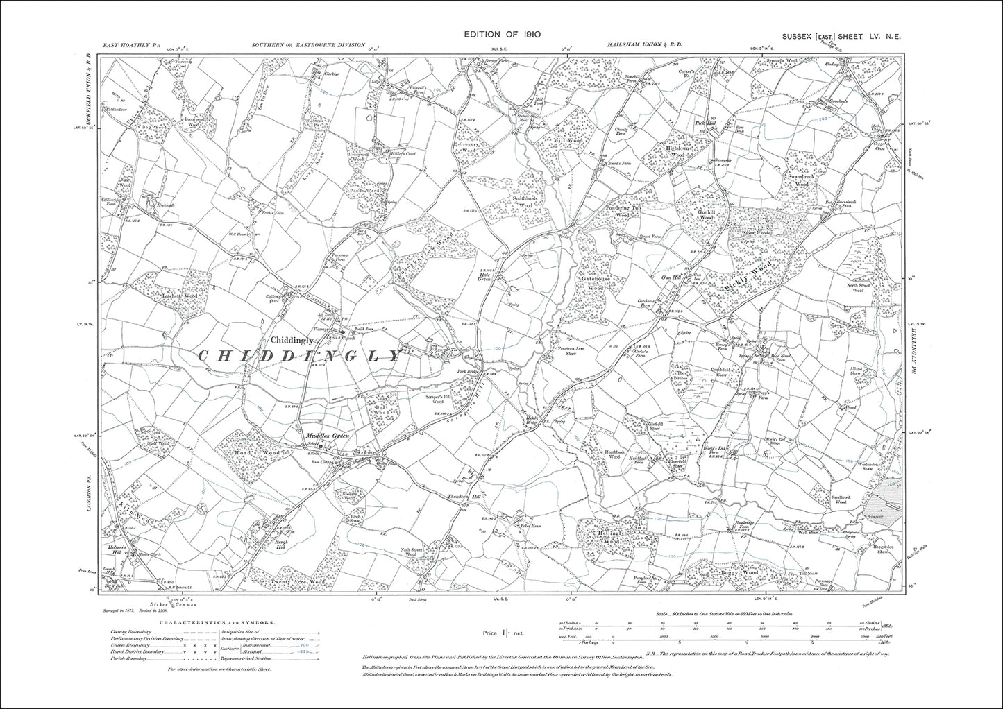 Chiddingly, Muddles Green, Gun Hill, old map Sussex 1910: 55NE