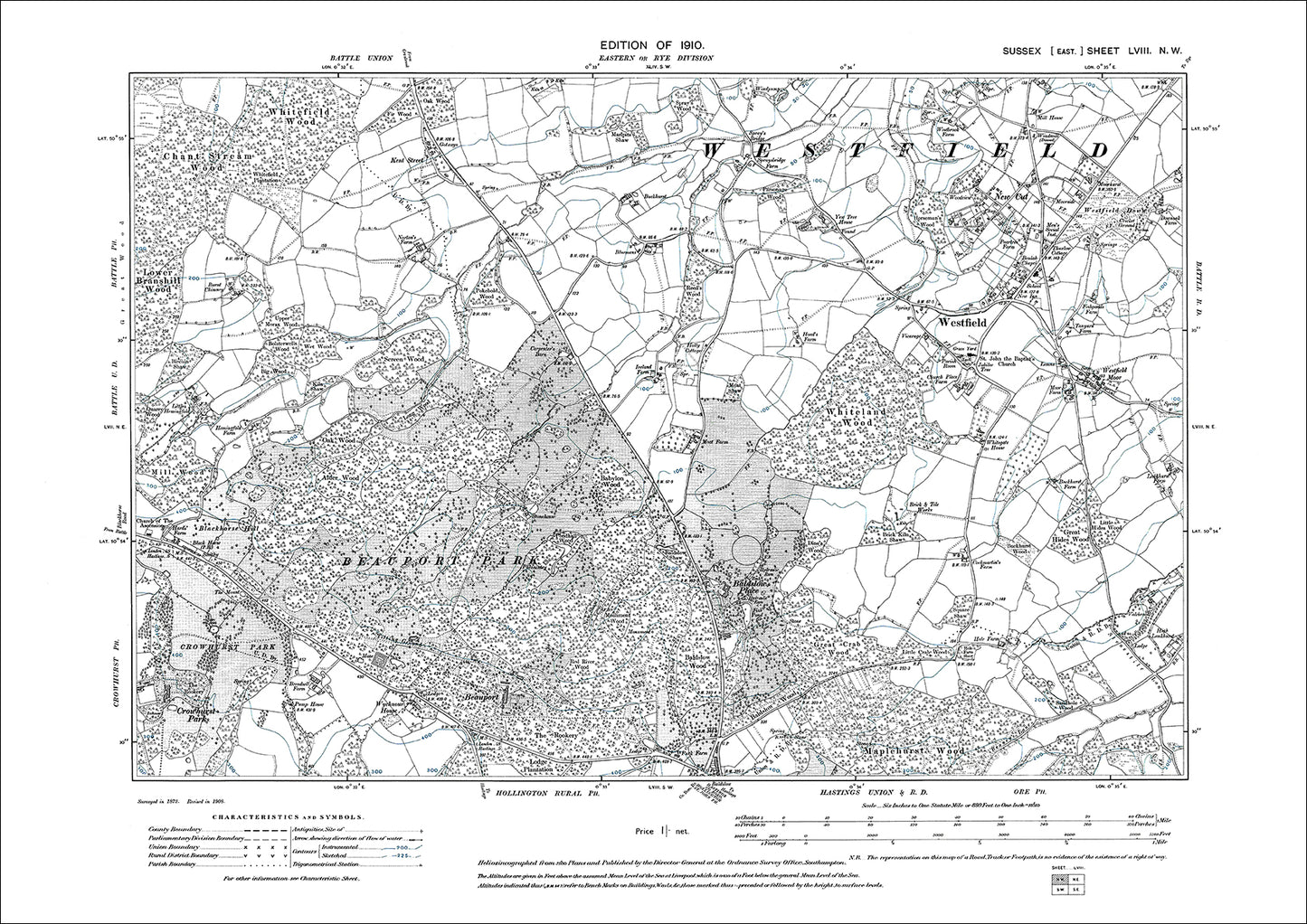 Westfield, Beaufort Park, old map Sussex 1910: 58NW