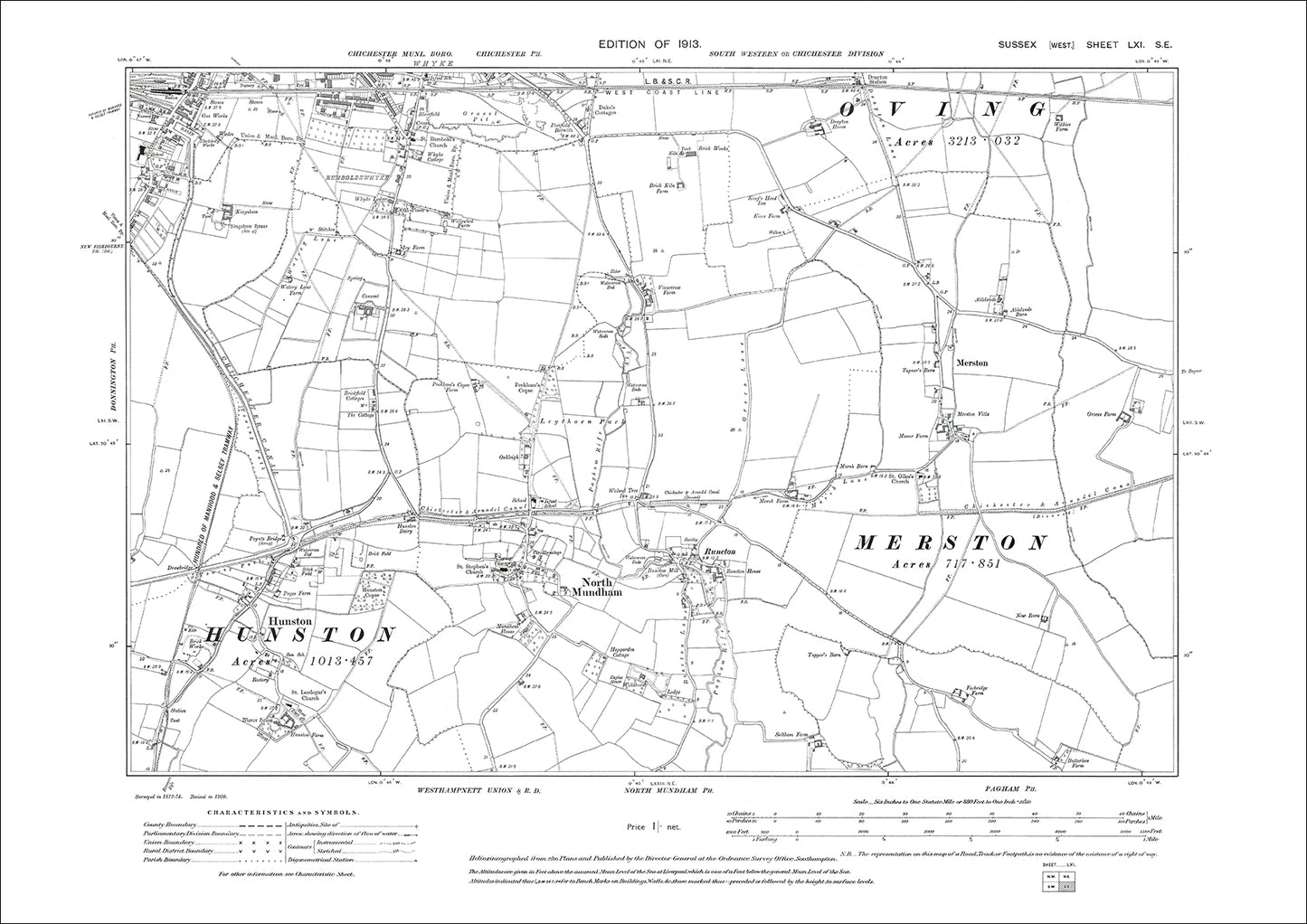 Hunston, North Mundham, Runcton, Merston, old map Sussex 1913: 61SE