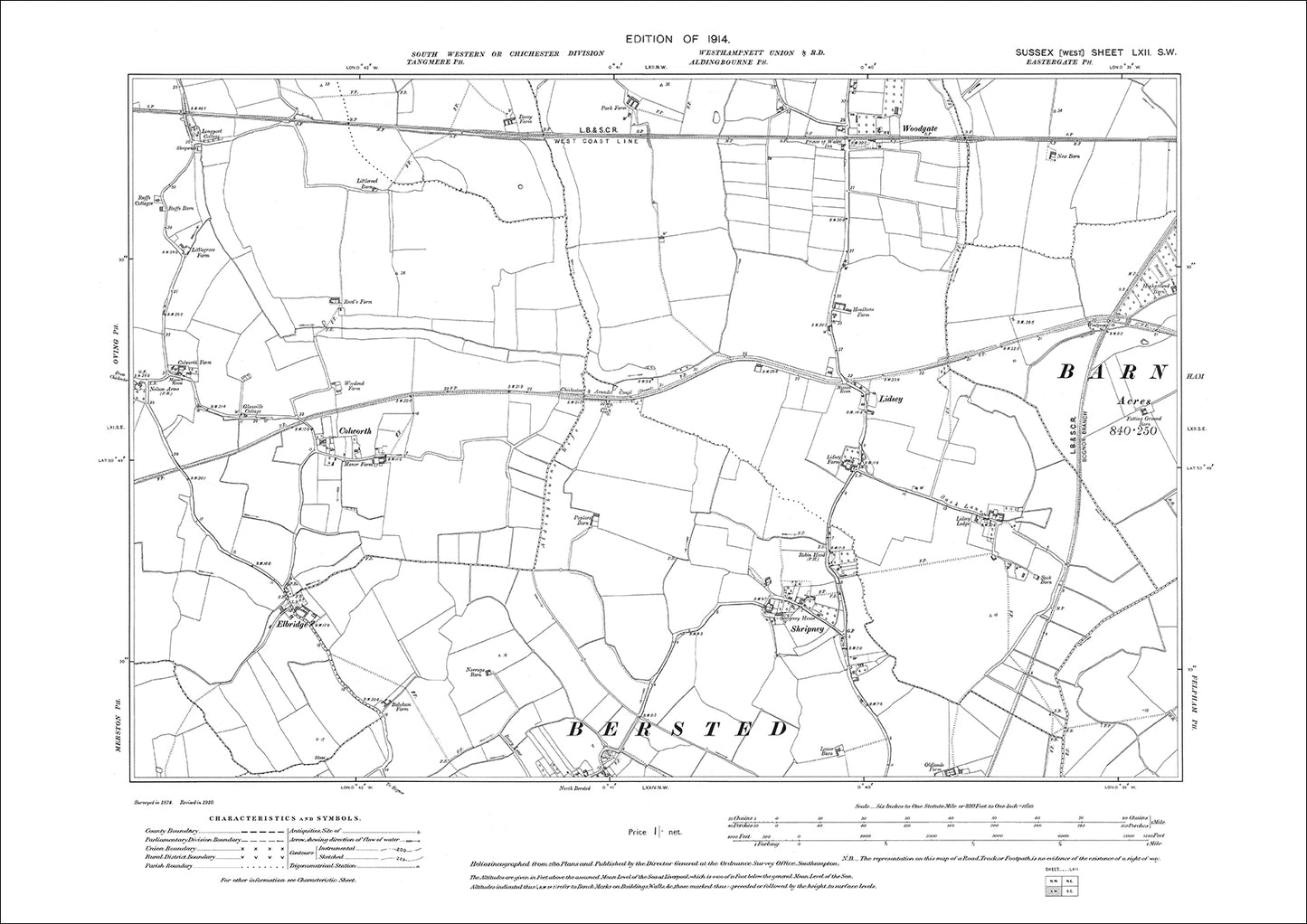 Colworth, Elbridge, Lidsey, Shripney, Woodgate, old map Sussex 1914: 62SW