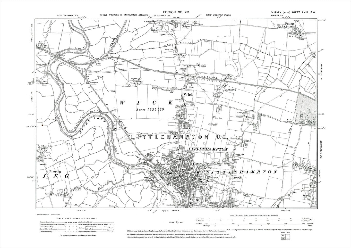 Wick, Toddington, Poling, Lyminster (south), old map Sussex 1913: 63SW