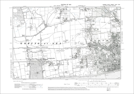 Worthing (west), Broadwater (west), Goring by Sea, old map Sussex 1913: 64SW