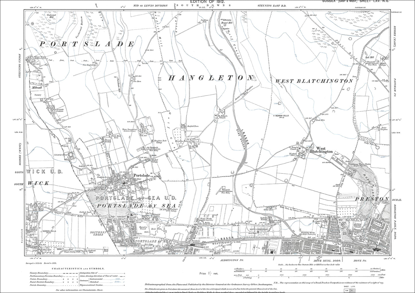 Portslade, Southwick (east), Hove (northwest), West Blatchington, old map Sussex 1912: 65NE