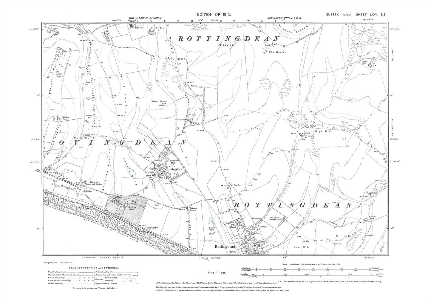 Rottingdean (north), Ovingdean, Roedean School, old map Sussex 1912: 66SE