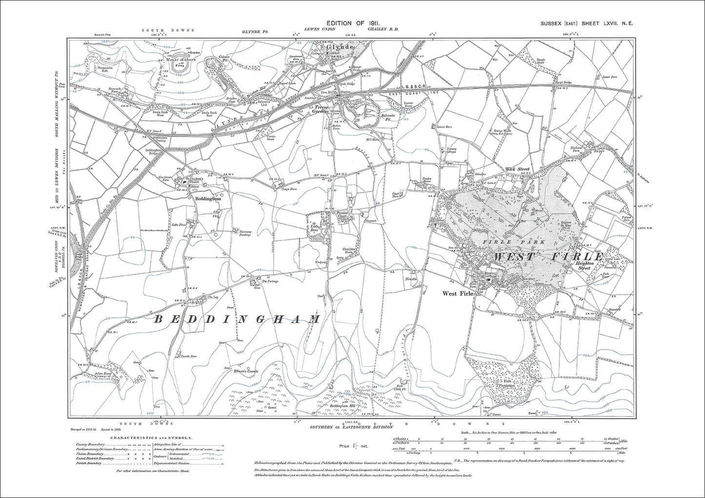 Glynde (south), Trevor Gardens, Beddingham, old map Sussex 1911: 67NE