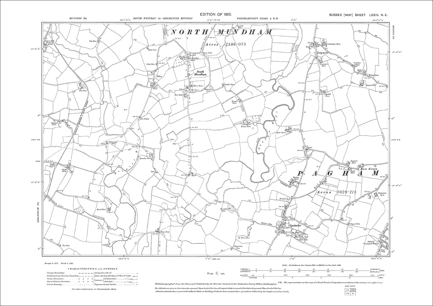 South Mundham, Nyetimber, Rose Green, Lagness, old map Sussex 1913: 73NE
