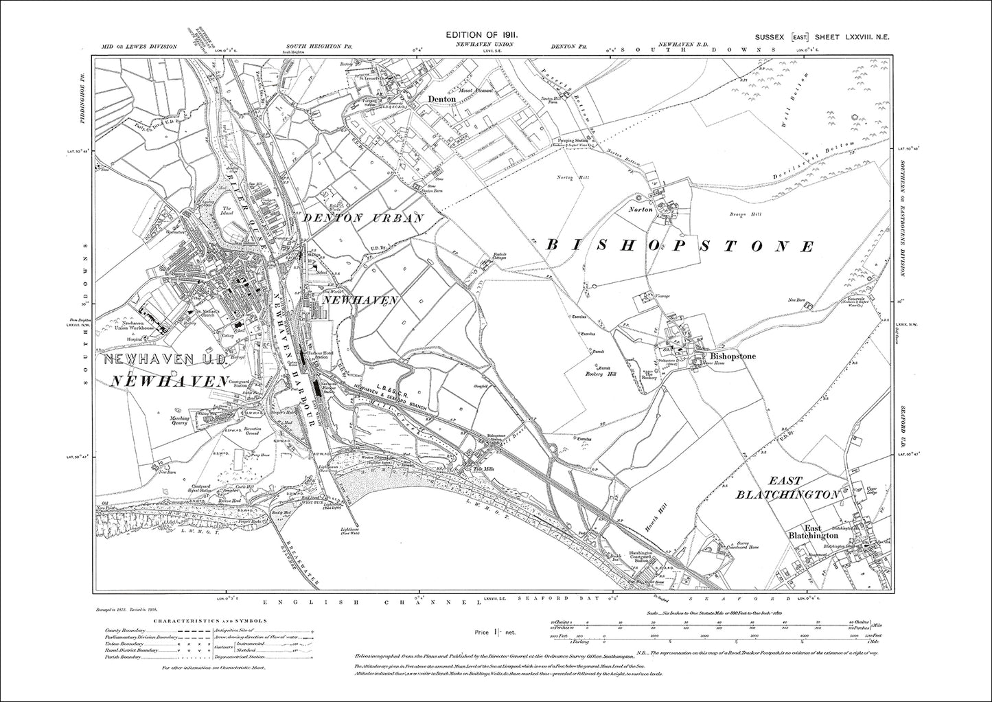 Newhaven, Bishopstone, East Blatchington, Denton, old map Sussex 1911: 78NE