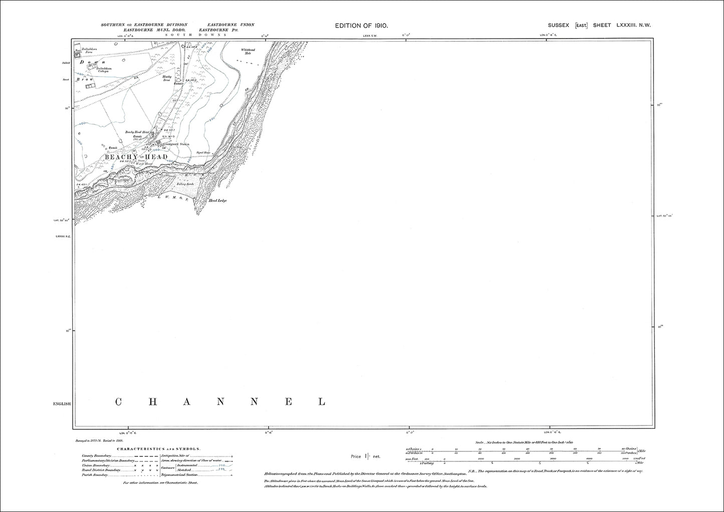 Beachy Head, old map Sussex 1910: 83NW