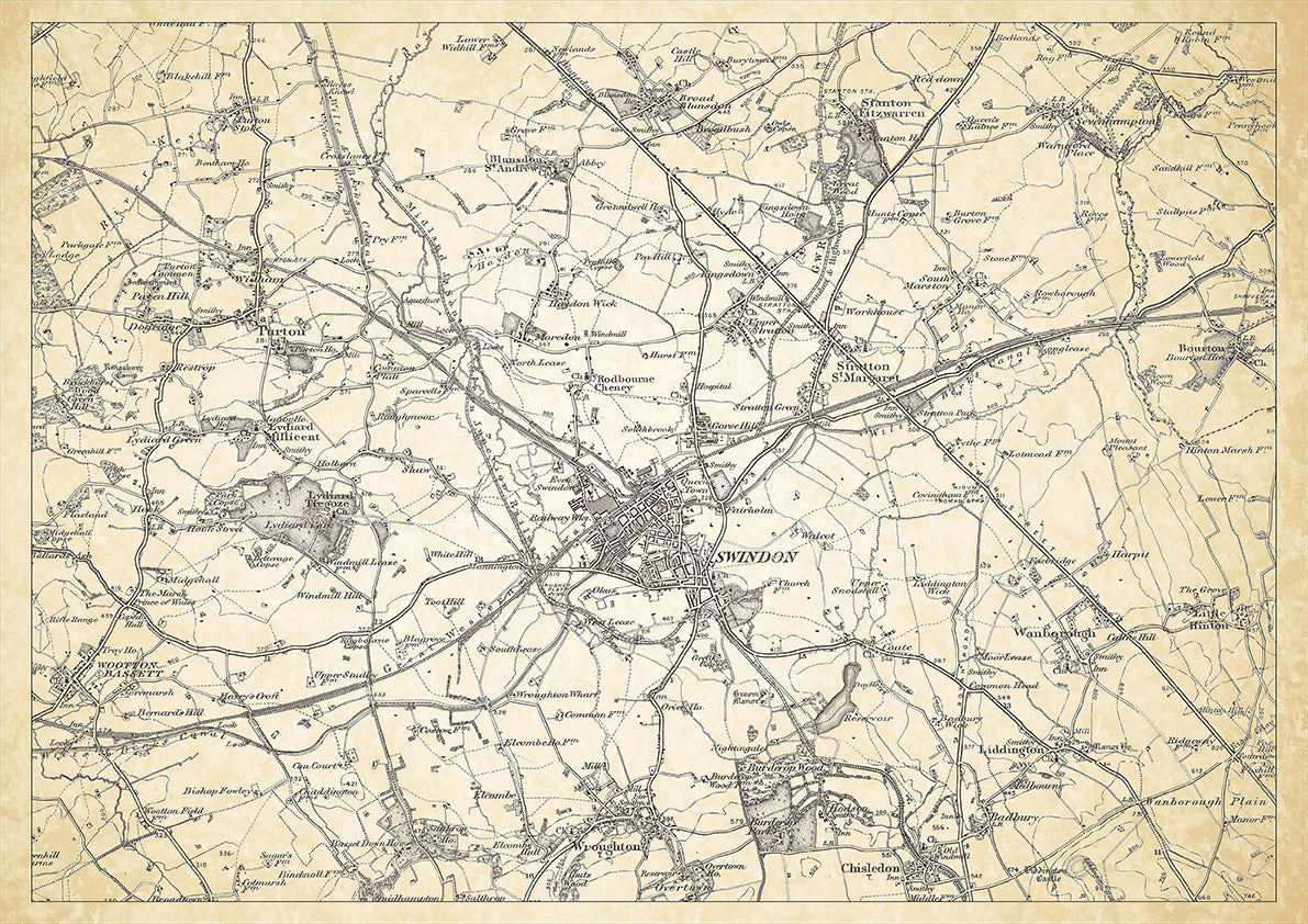 Swindon in 1898, showing the town and the surrounding area