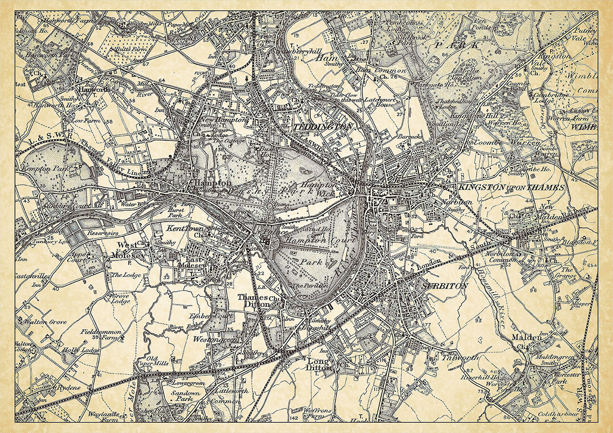 Teddington in 1898, showing the town and the surrounding area