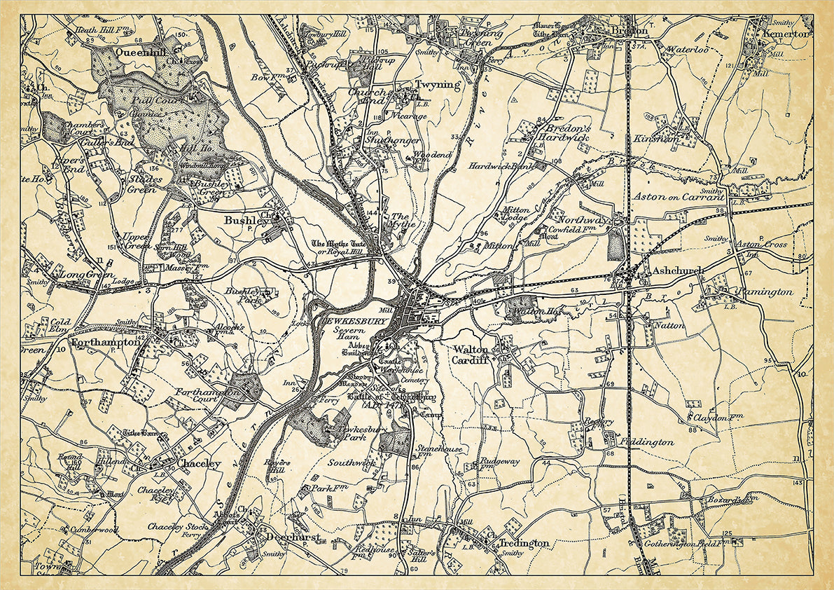 Tewkesbury in 1898, showing the town and the surrounding area