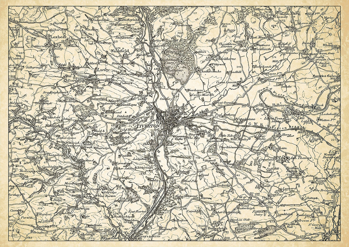 Tiverton in 1898, showing the town and the surrounding area