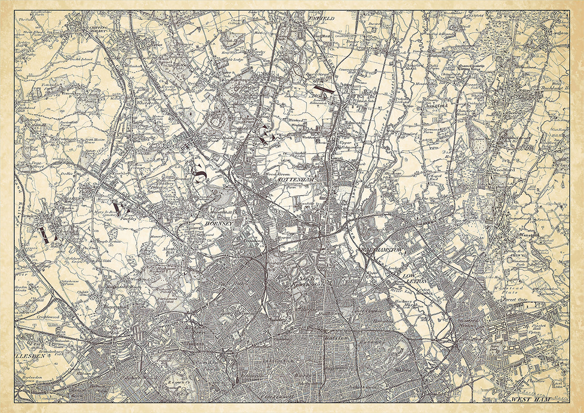 Tottenham in 1898, showing the town and the surrounding area