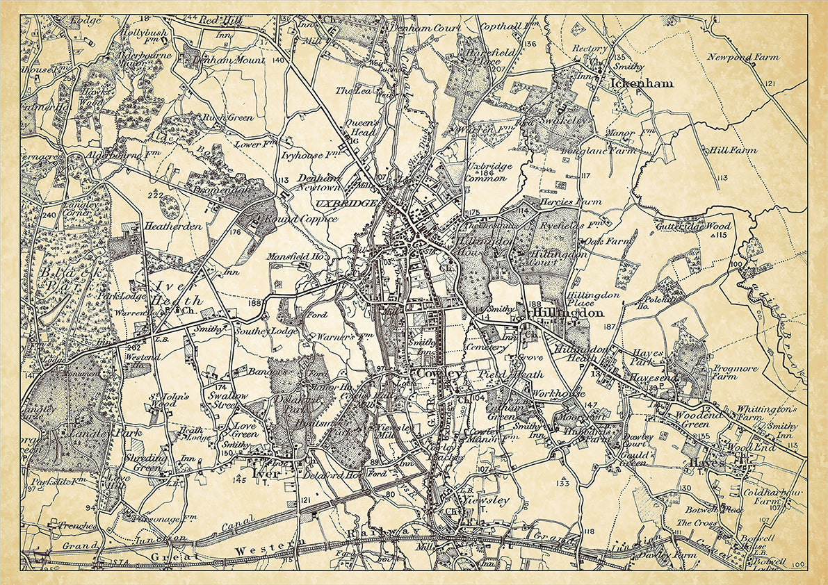 Uxbridge in 1898, showing the town and the surrounding area