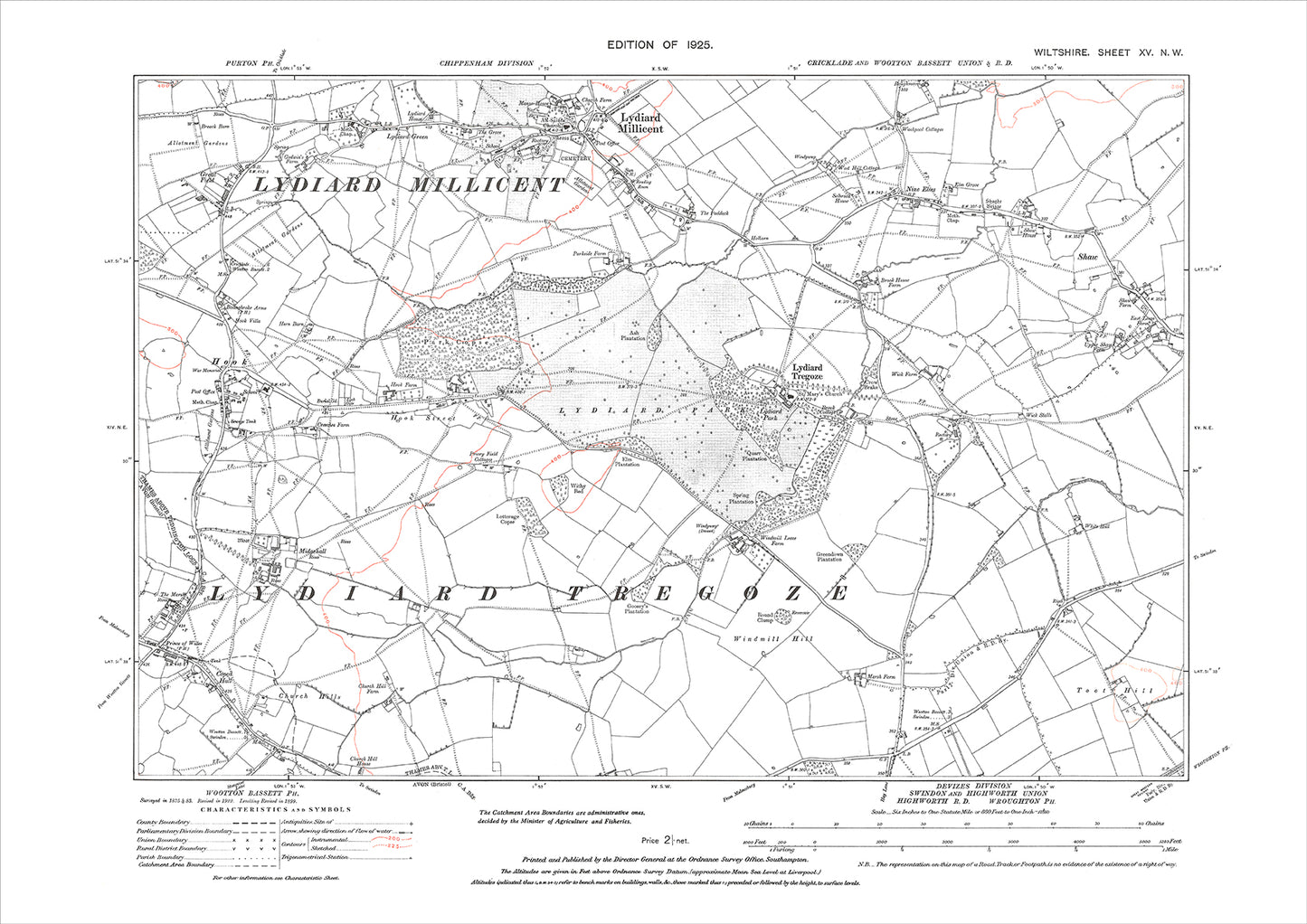 Lydiard Tregoze and Millicent, Hook, Nine Elms, old map Wiltshire 1925: 15NW