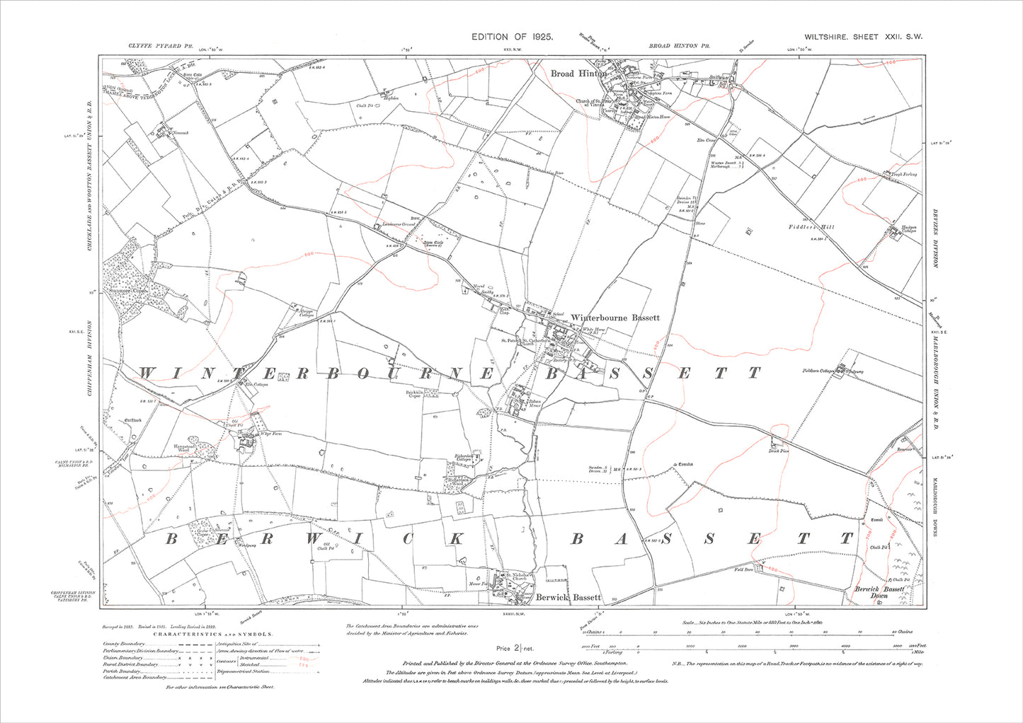 Winterbourne and Berwick Bassett, Broad Hinton (south), old map Wilts 1925: 22SW