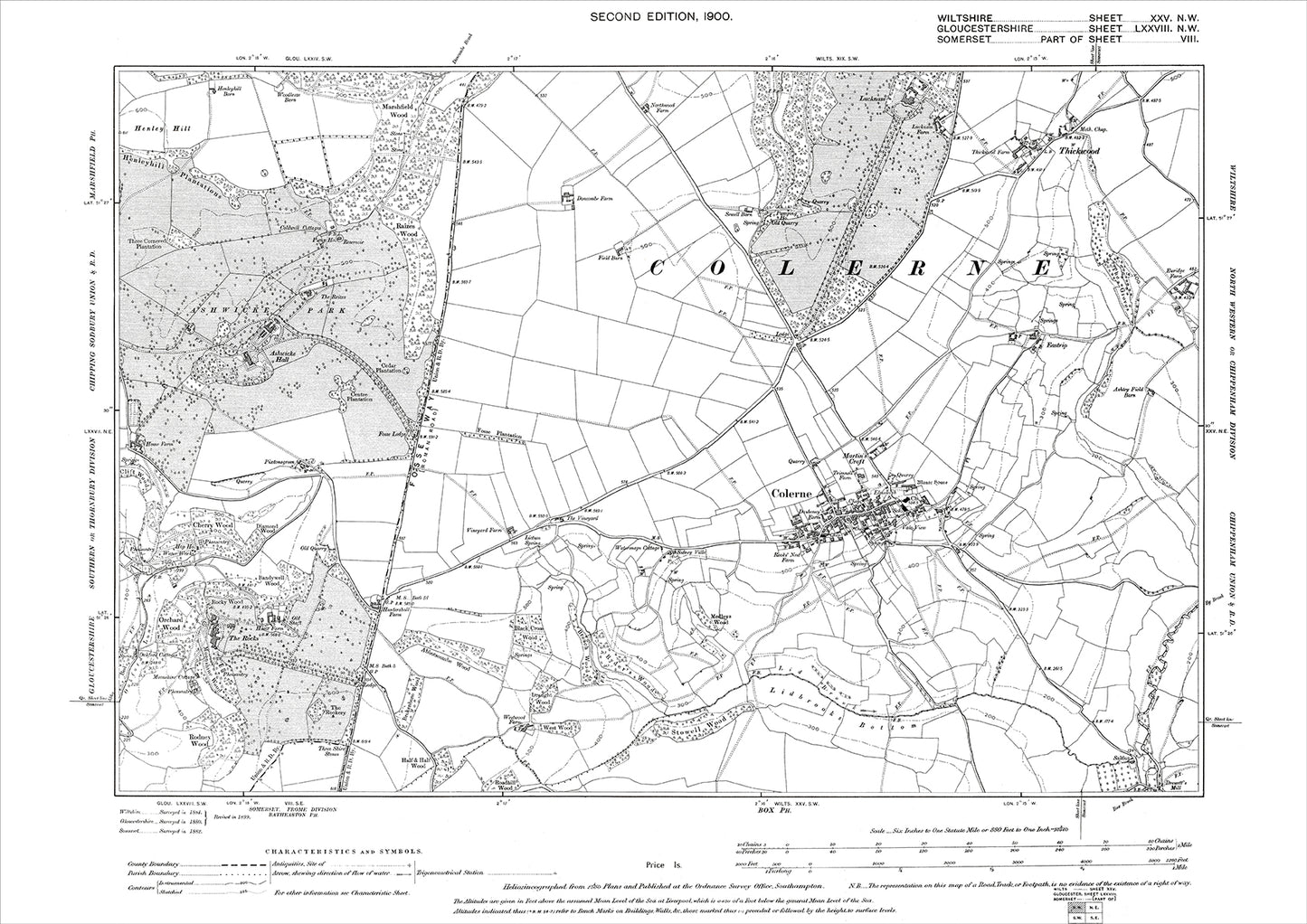 Colerne, Thickwood, old map Wiltshire 1900: 25NW