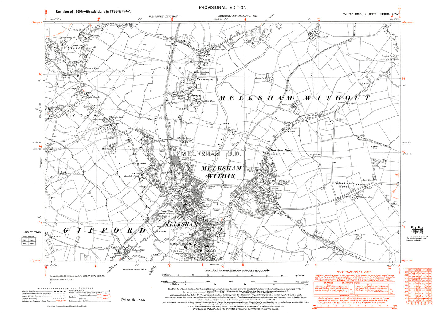 Melksham (north), Beanacre, Whitley, old map Wiltshire 1942: 33NW