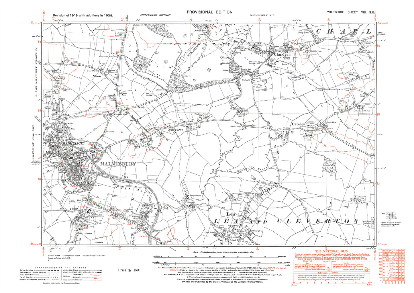 Malmesbury, Lea, Garsden, Charlton, Milbourne, old map Wiltshire 1924: 8SE