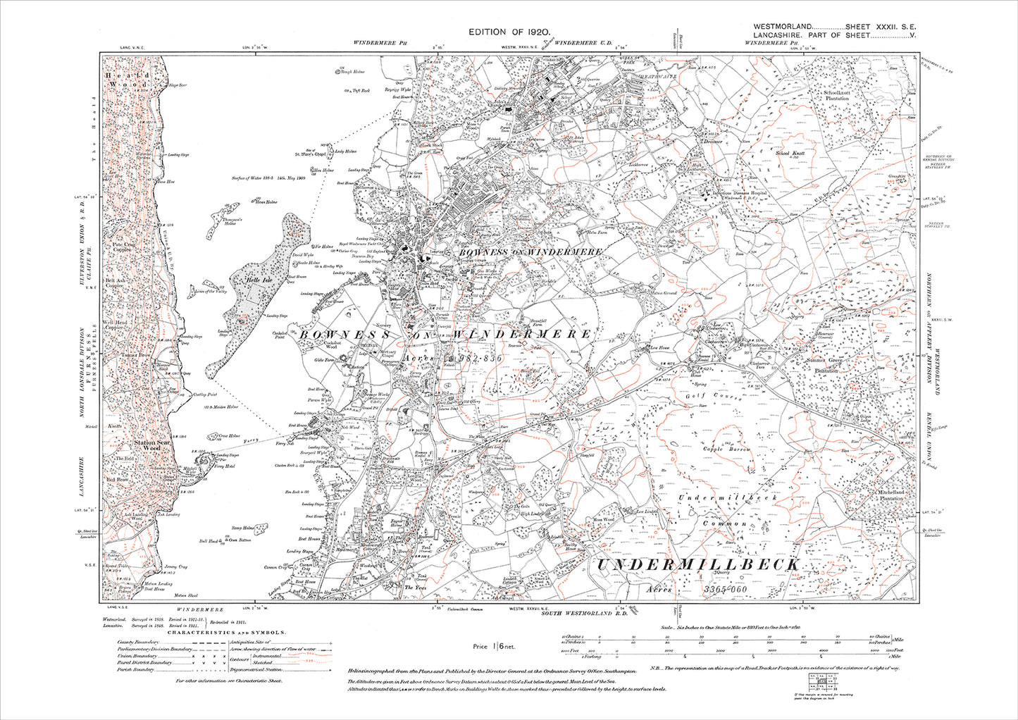 Bowness in Windermere, Heathwaite, old map Westmoreland 1920: 32SE