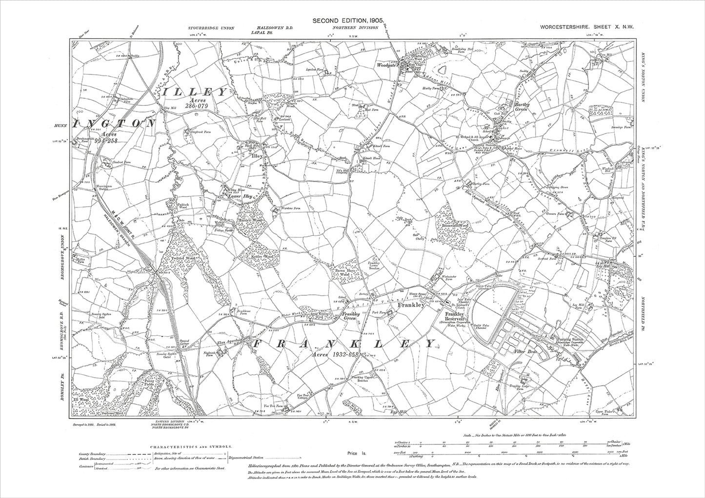 Frankley, Illey, Woodgate, Bartley Green, old map Worcestershire 1905: 10NW
