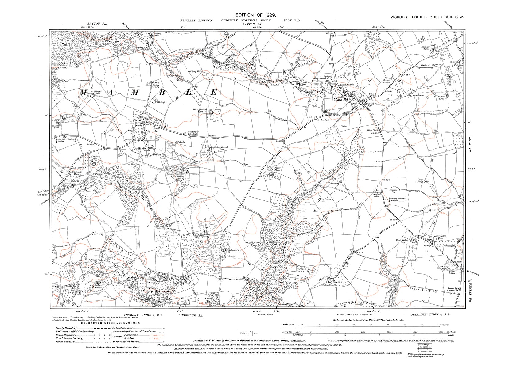 Duffield Frith Map Mamble, Frith Common, Clows Top, old map Worcestershire 1929: 13SW ...