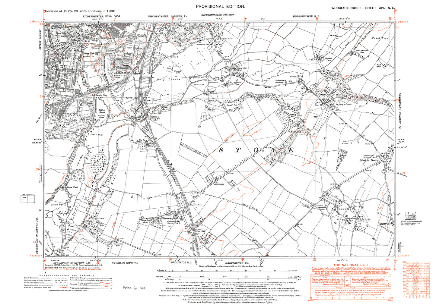 Kidderminster (southeast), Stone, Summerfield, Shenstone, old map Worcestershire 1938: 14NE
