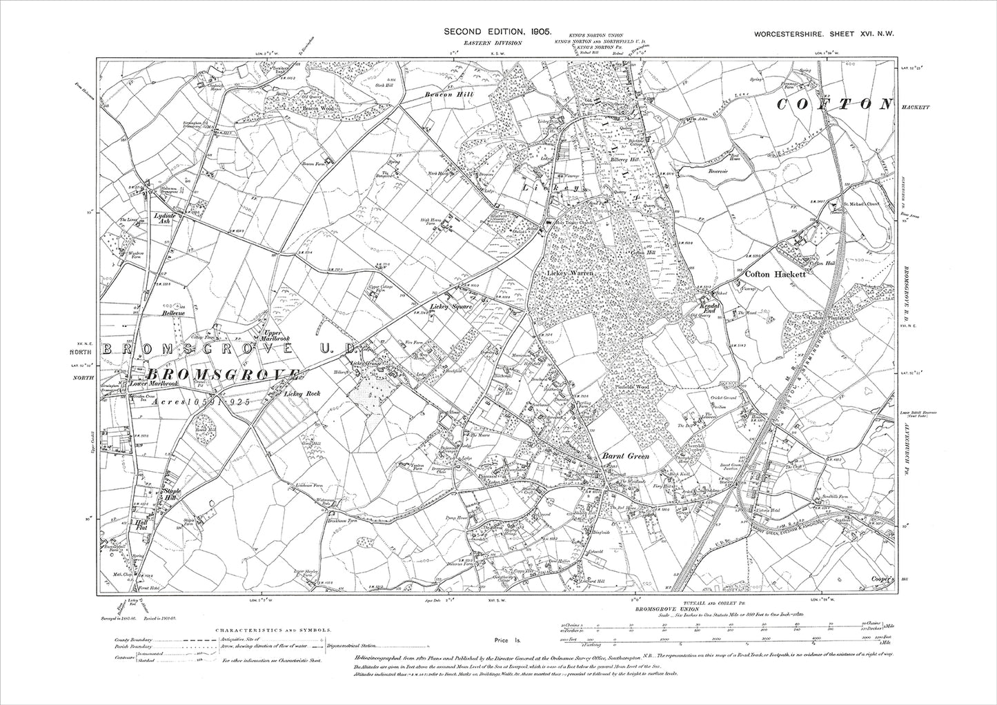 Cofton Hackett, Lickey, Barnt Green, Lower Marlbrook, old map Worcestershire 1905: 16NW
