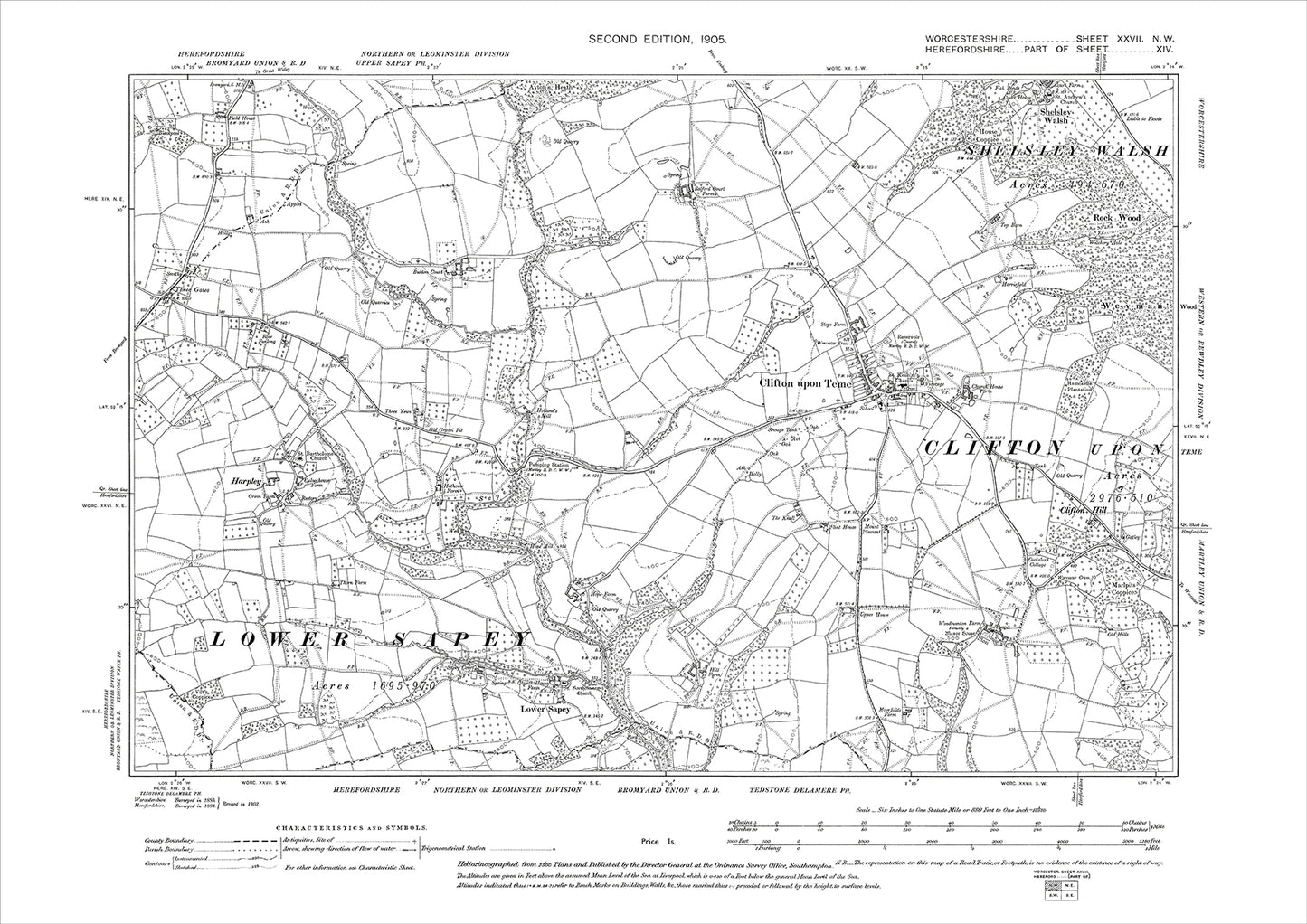 Clifton upon Teme, Lower Sapey, Harpley, old map Worcestershire 1905: 27NW