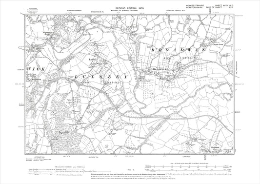 Broadwas, Lulsley, Knightsford Bridge, old map Worcestershire 1905: 32NE