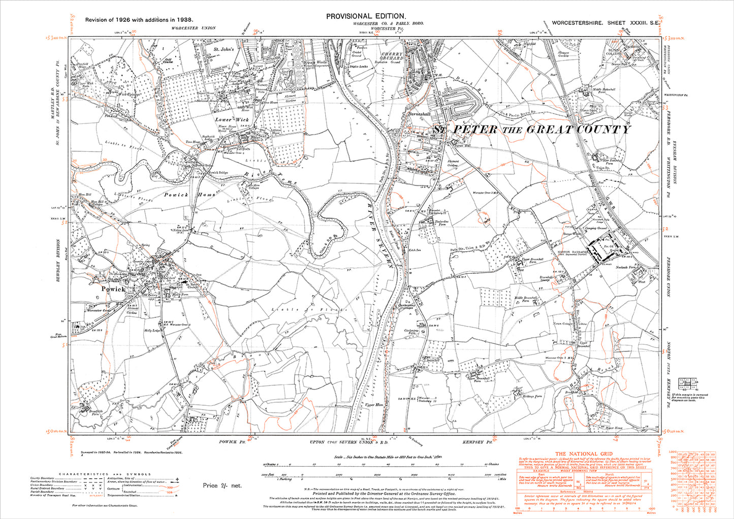 Worcester (south), Powick, Norton Barracks, old map Worcestershire 1938: 33SE