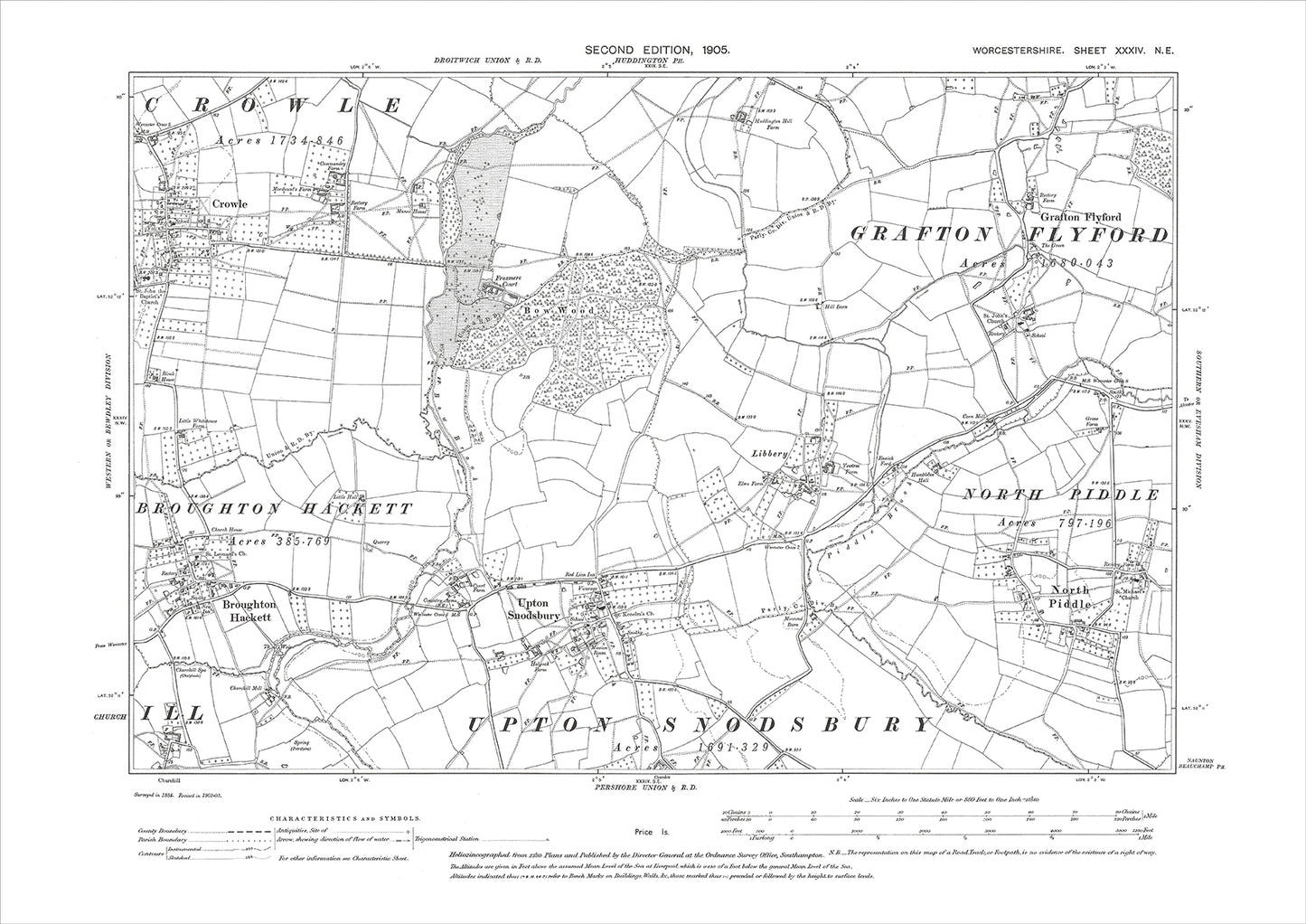 Crowle, Grafton Flyford, Broughton Hackett, old map Worcestershire 1905: 34NE