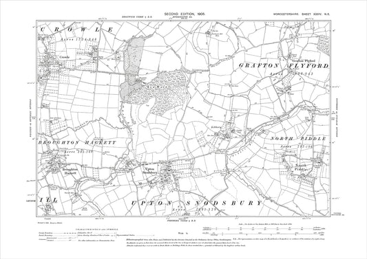 Crowle, Grafton Flyford, Broughton Hackett, old map Worcestershire 1905: 34NE