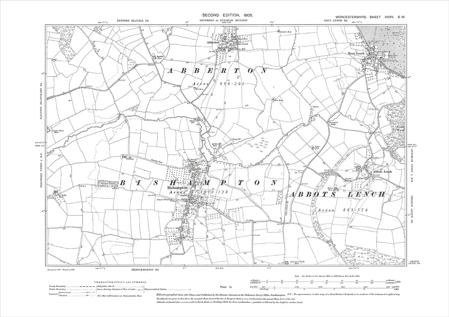 Abberton, Abbots Lench, Rous Lench, Bishampton, old map Worcestershire 1905: 35SW