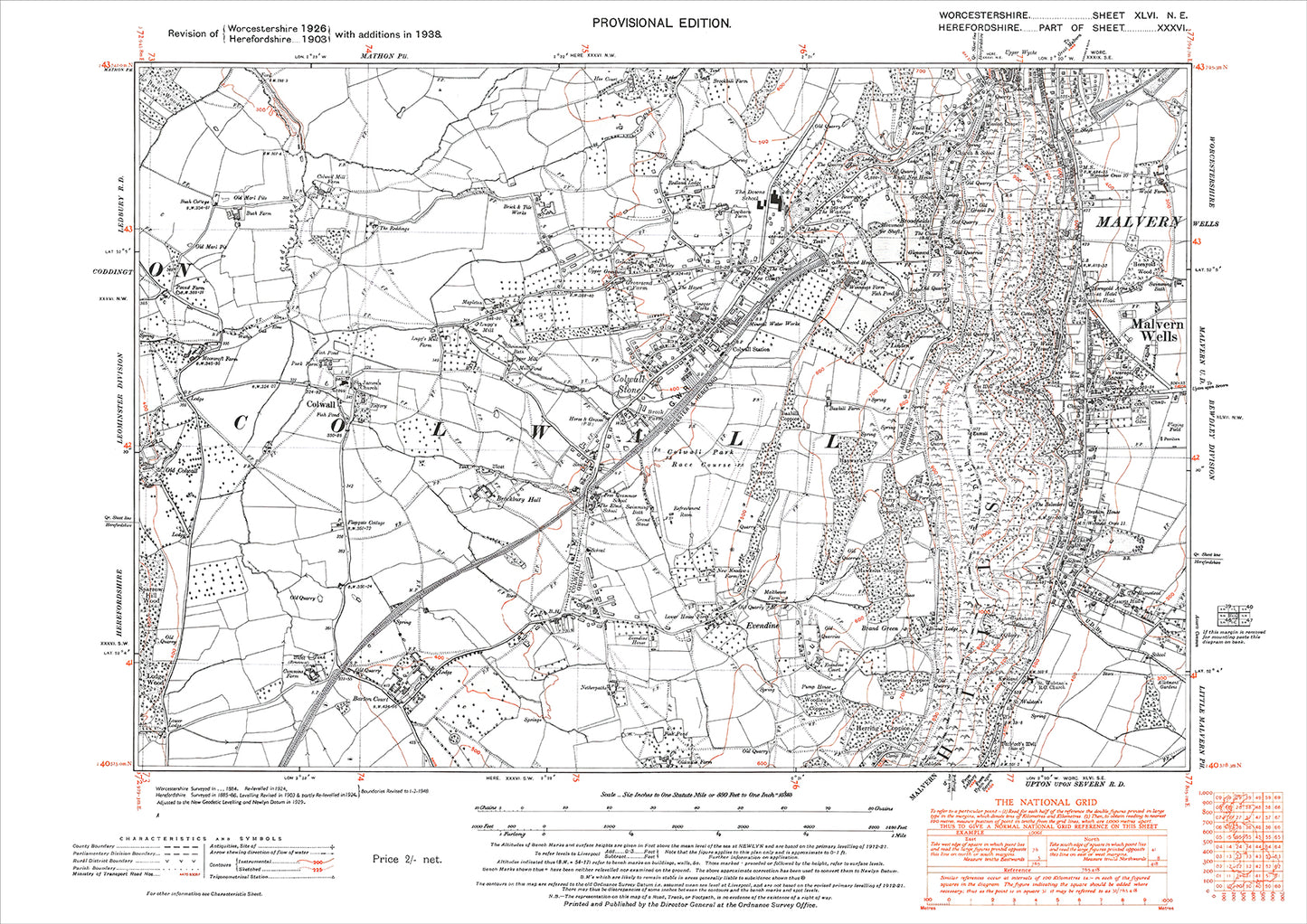 Malvern Wells, old map Worcestershire 1938: 46NE