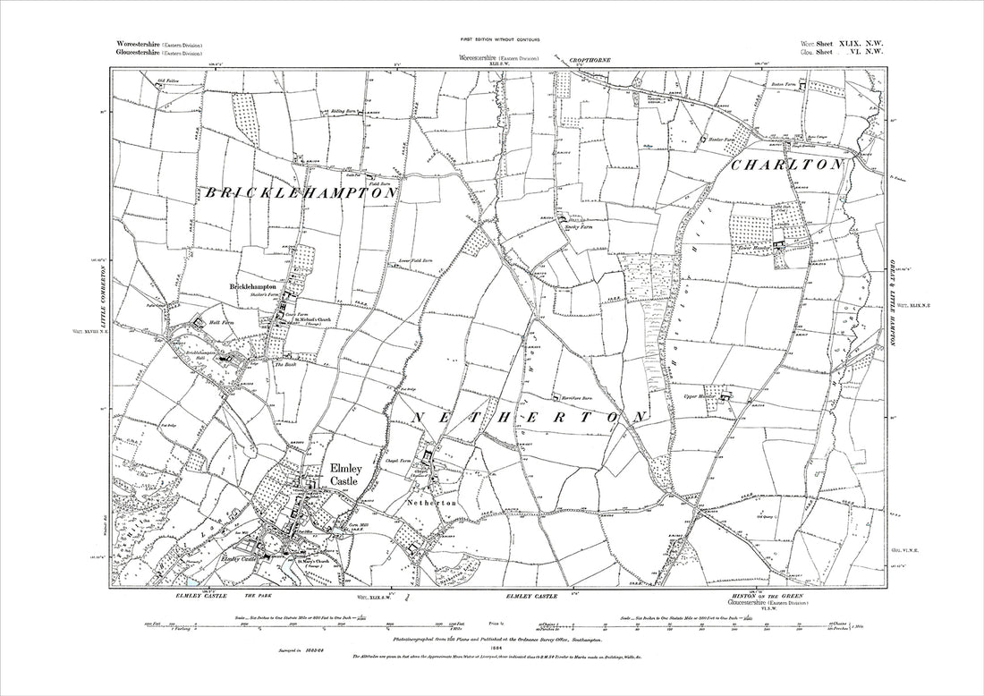 Elmley Castle, Netherton, Bricklehampton, old map Worcestershire 1884 ...