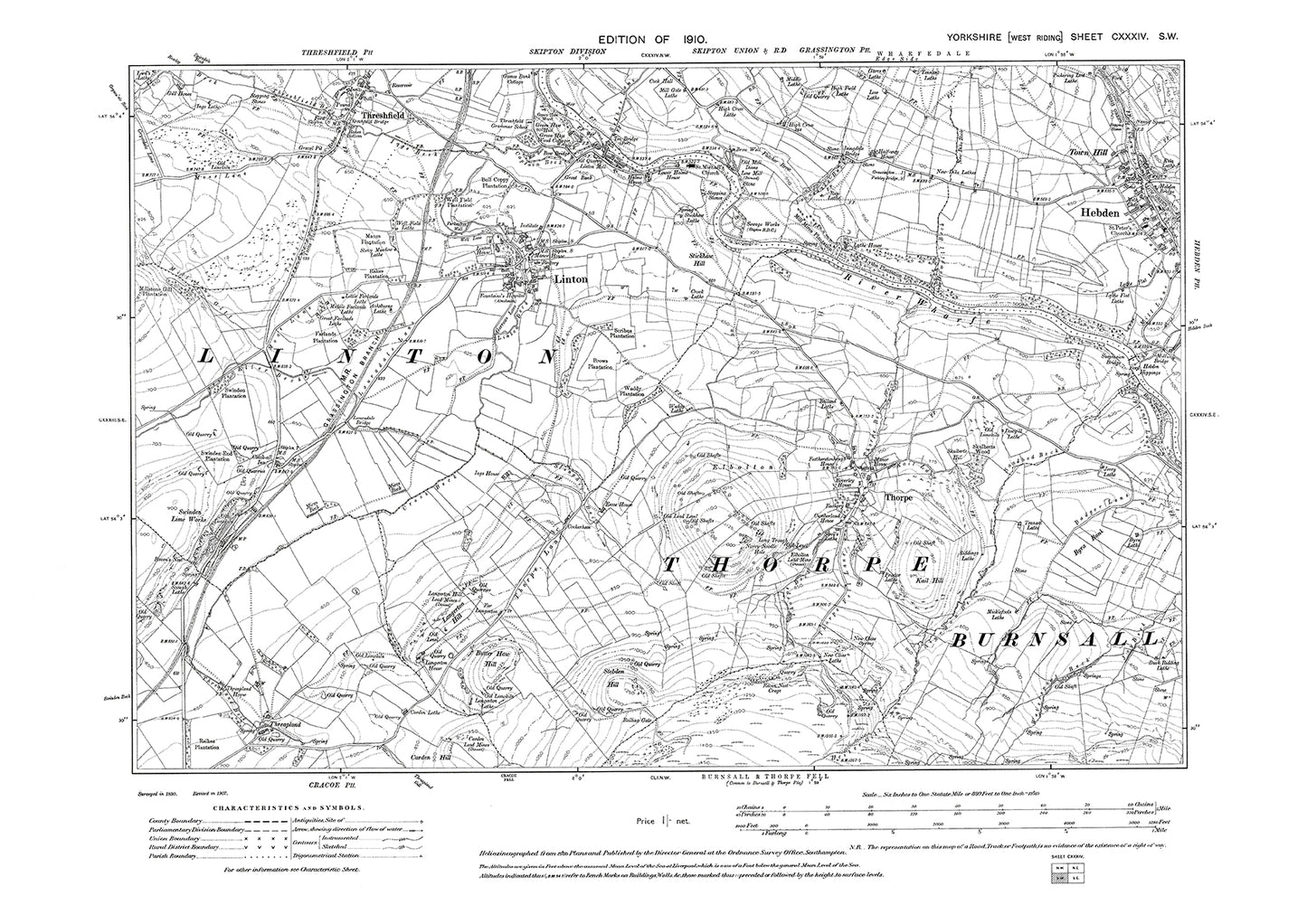 Threshfield, Linton, Thorpe, Hebden (west), old map Yorkshire 1910: 134SW