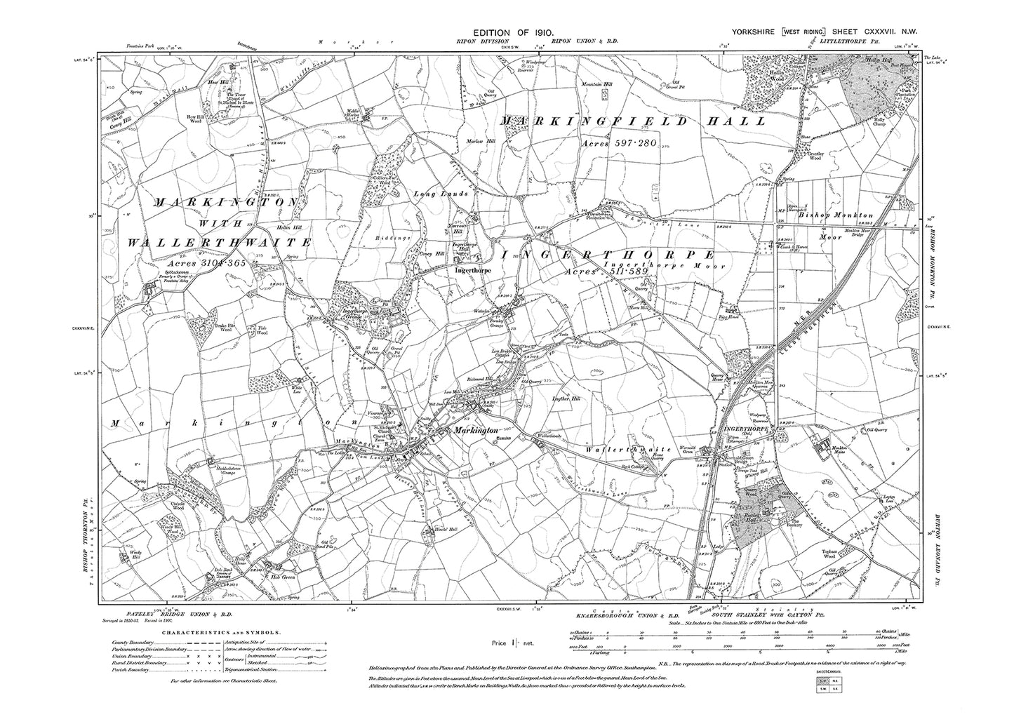 Markington, Ingerthorpe, old map Yorkshire 1910: 137NW