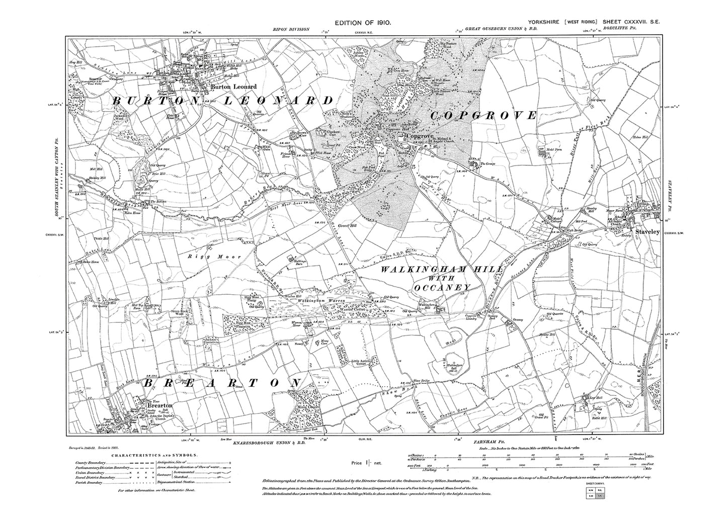 Burton Leonard, Copgrove, Staveley (west), Brearton (north), old map Yorkshire 1910: 137SE