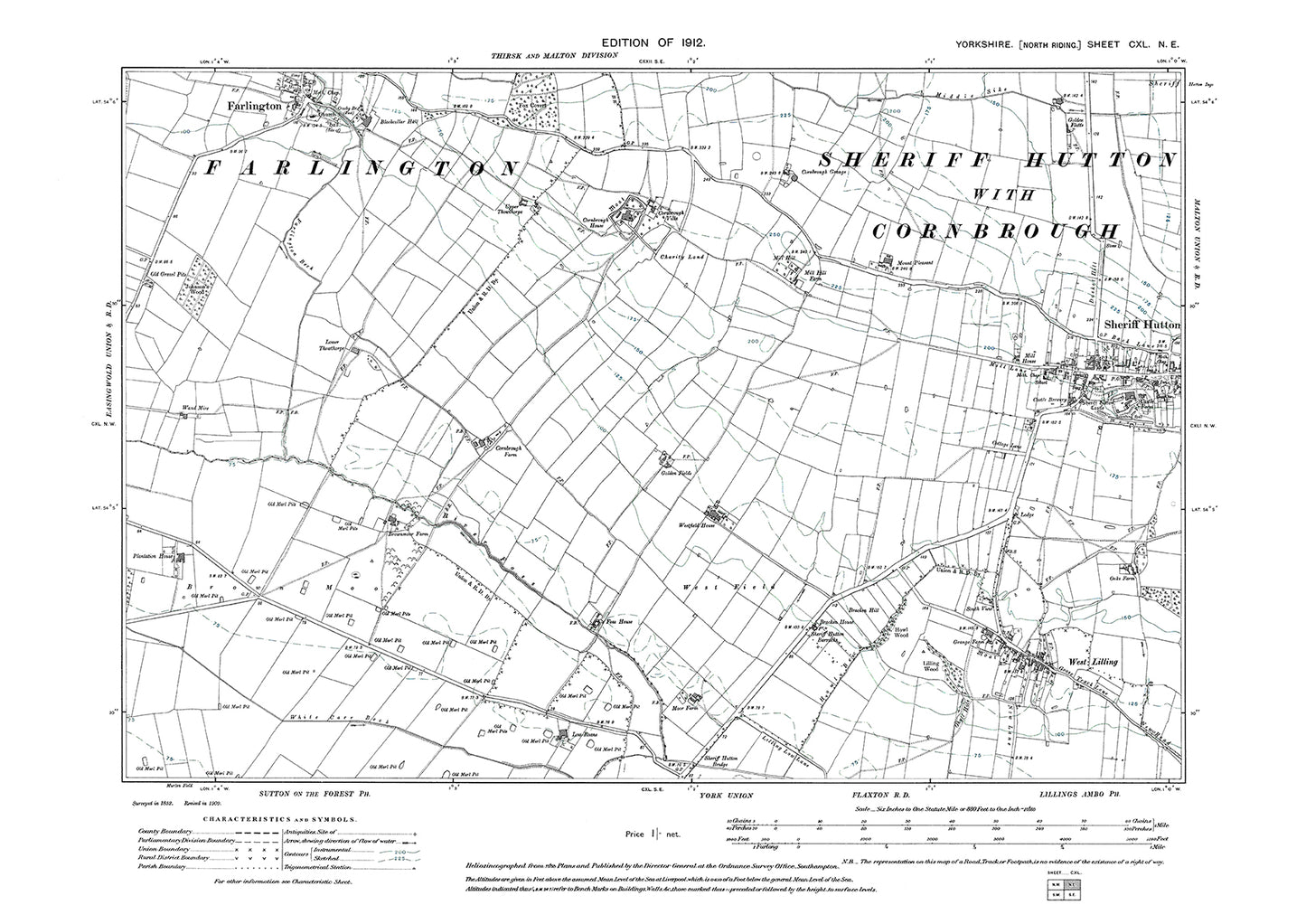 Sheriff Hutton (west), West Lilling, Farlington (south), old map Yorkshire 1912: 140NE