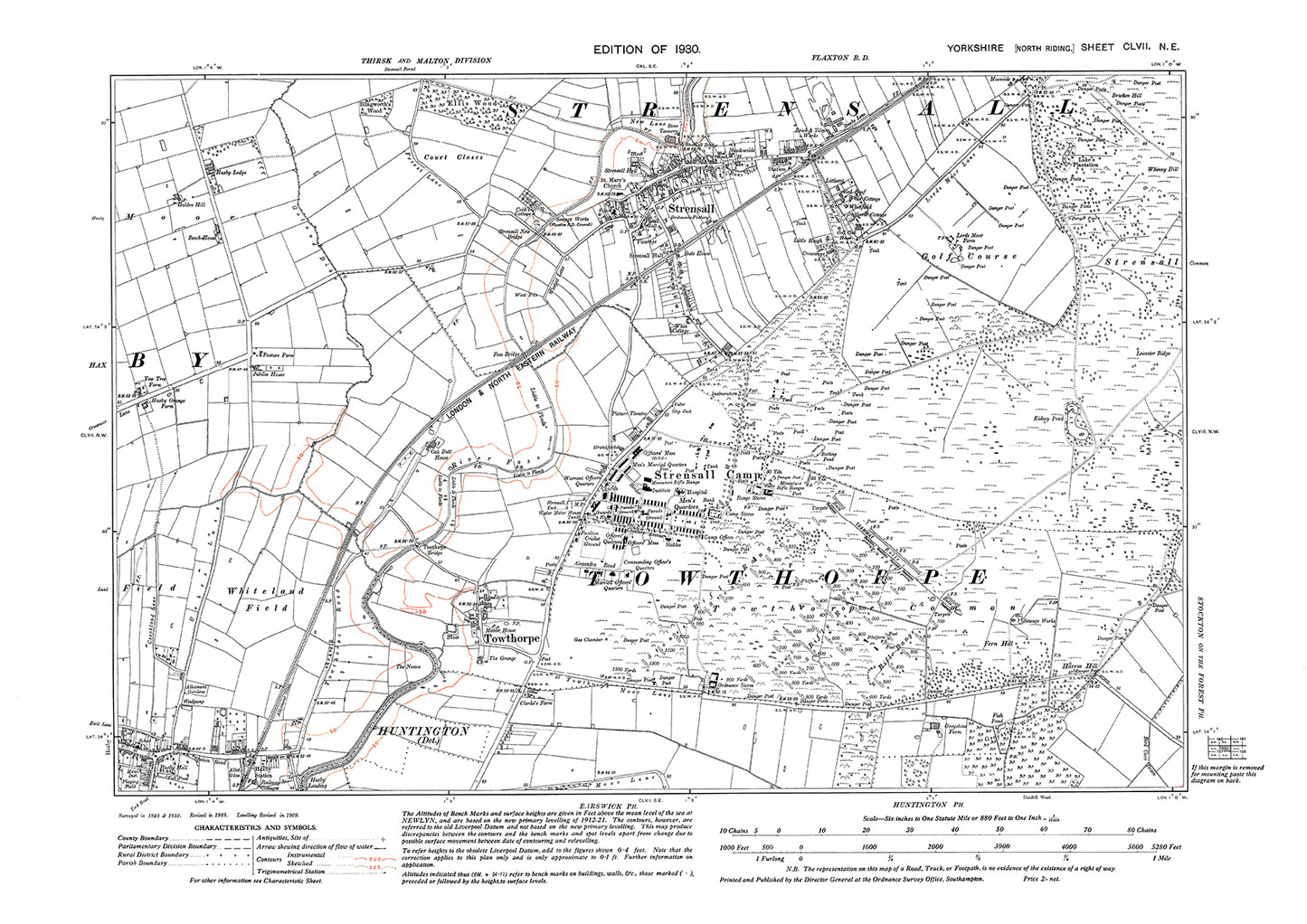 Strensall, Strensall Camp, Towthorpe, Haxby (northeast), old map Yorkshire 1932: 157NE