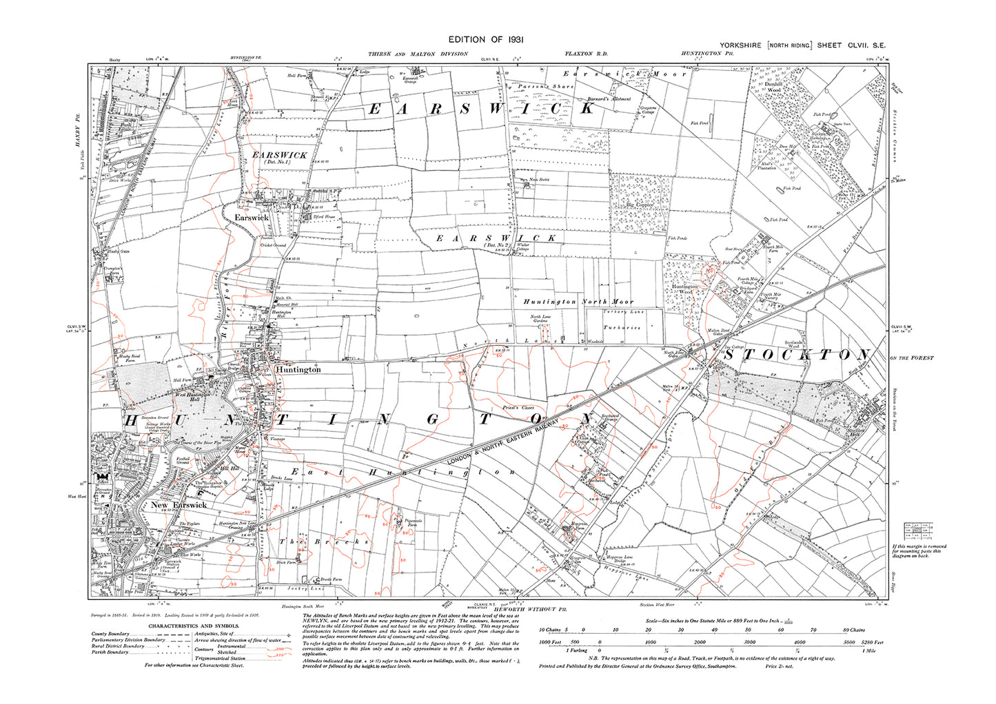 New Earswick (east), Earswick, Huntington, Haxby (southeast), Stckton (west), old map Yorkshire 1931: 157SE