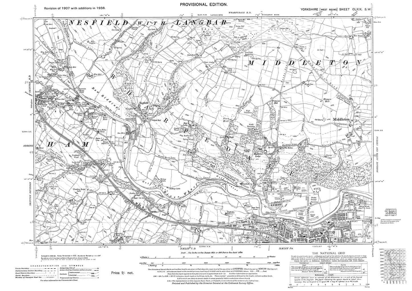 lkley (north), Middleton, Skipton (east), old map Yorkshire 1938: 169SW