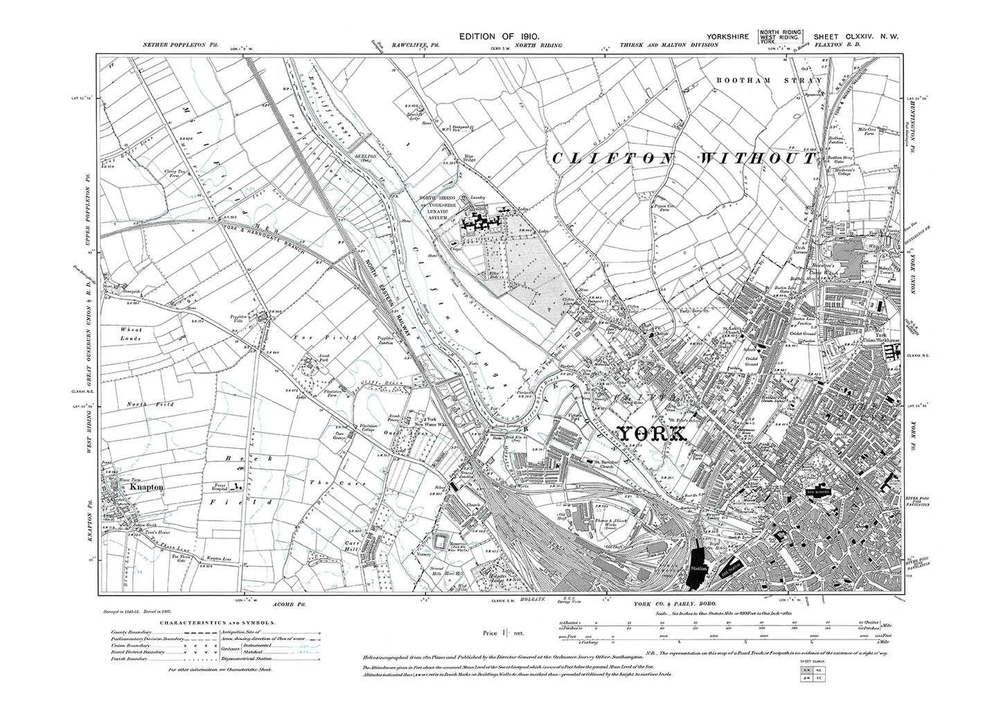 York (northwest), Knapton (east), old map Yorkshire 1910: 174NW